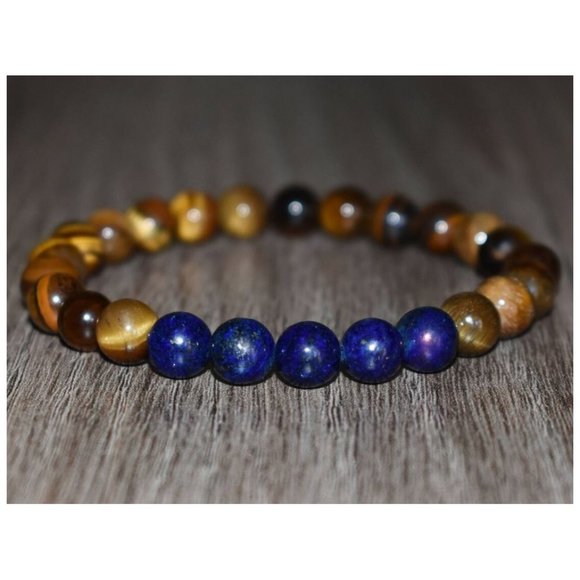 10mm Tiger Eye & Lapis Lazuli Stretch Bracelet - Picture 1 of 7